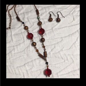 💝 Red beaded copper necklace with drop&earrings